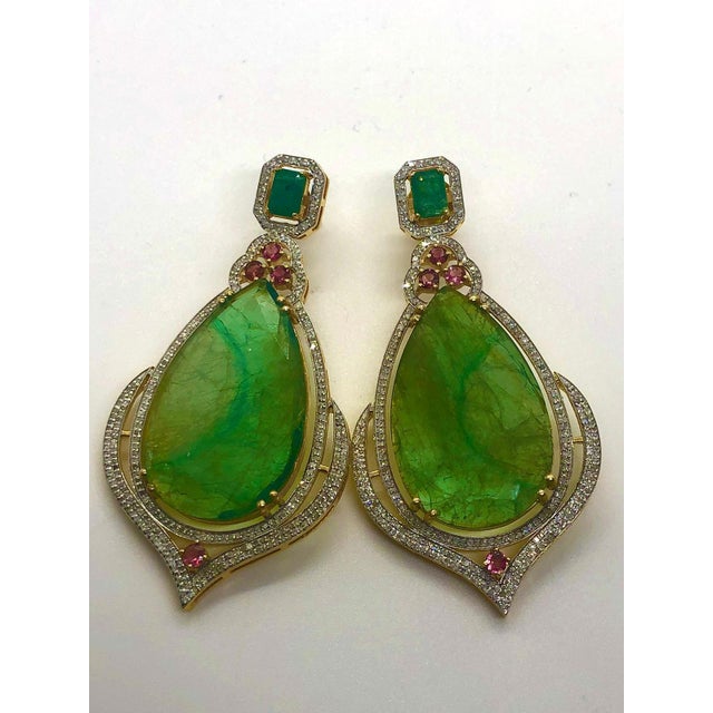 Gemstone Bochic “Capri” Vintage Emerald, Tourmaline & Diamond Earrings Set In 18K Gold & Silver For Sale - Image 7 of 13