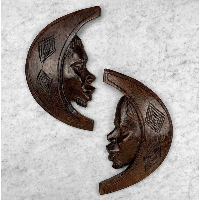 Vintage African Tribal Carved Crescent Moon Man & Women Wall Sculptures - A Pair For Sale - Image 4 of 10