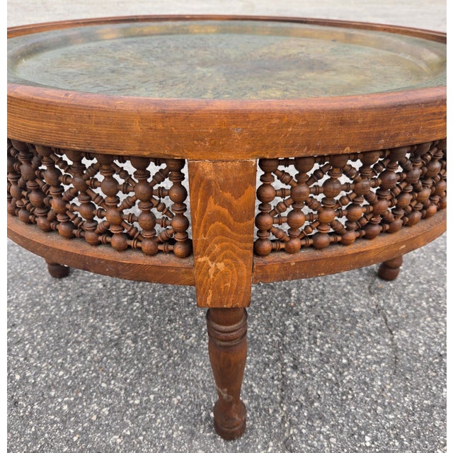 Vintage Moroccan Hand-Carved Wooden Musharabia Coffee Table With Engraved Brass/Copper Tray Top For Sale - Image 4 of 8