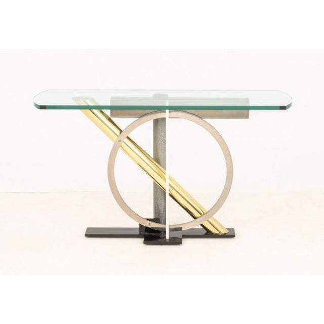 Kaizo Oto (Japanese, b. 1942) for DIA Geometric Console Table, 1980s, glass top above brass, steel, and glass base, with...