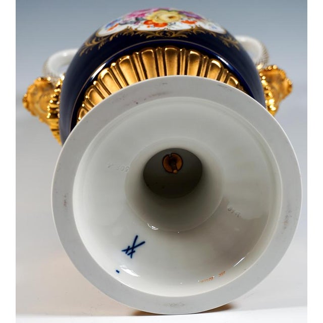 20th Century Snake Handle Vase Cobalt with Flower Painting and Gilding from Meissen, 20th, 1992 For Sale - Image 6 of 7