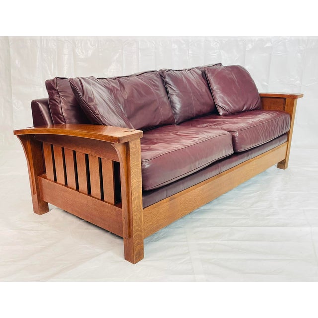 1980s 1980s Stickley Arts & Crafts Solid Oak Sofa With Burgundy Leather Upholstery For Sale - Image 5 of 16
