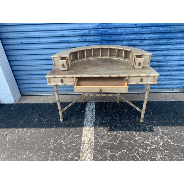 Ficks Reed Mid-Century Faux Bamboo Desk With Vellum Top and Semicircular Shelf For Sale In Naples, FL - Image 6 of 11