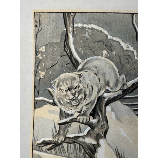 Illustration Original Signed Graphite Illustration of Bobcat and Lynx in Winter Landscape, 10.25 In. H × 7.5 In. W For Sale - Image 3 of 7