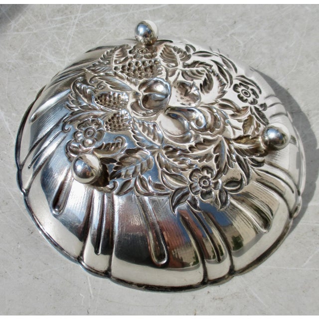 Kirk & Son Sterling 431 , Shallow side dish with relief design of fruits, flowers, and berries and a sectional design with...