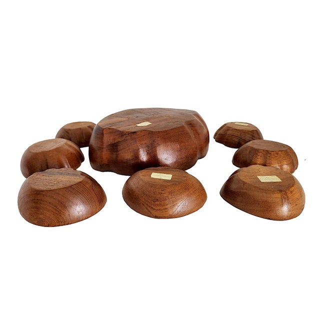 Mid-Century Modern 1970s Teak Wood Clam Shell Shaped Bowls, Set of 8 For Sale - Image 3 of 8