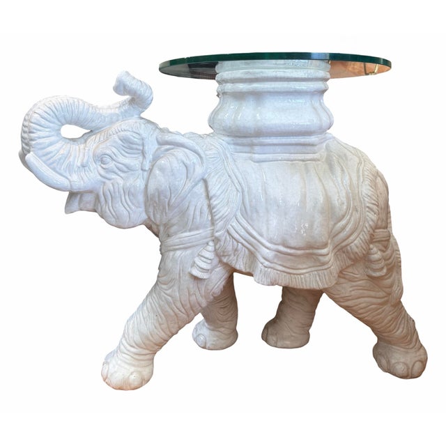 Mid-Century Modern Vintage White Majolica Pottery Glass Top Elephant Side Table For Sale - Image 3 of 4