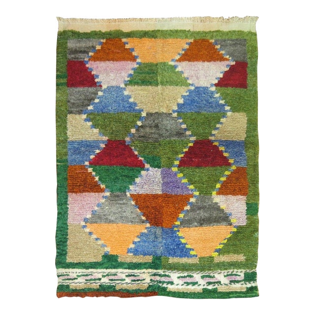 Vintage Zabihi Collection Green Turkish Scandinavian Inspired Tulu Rug - 3'3" x 4'5" For Sale