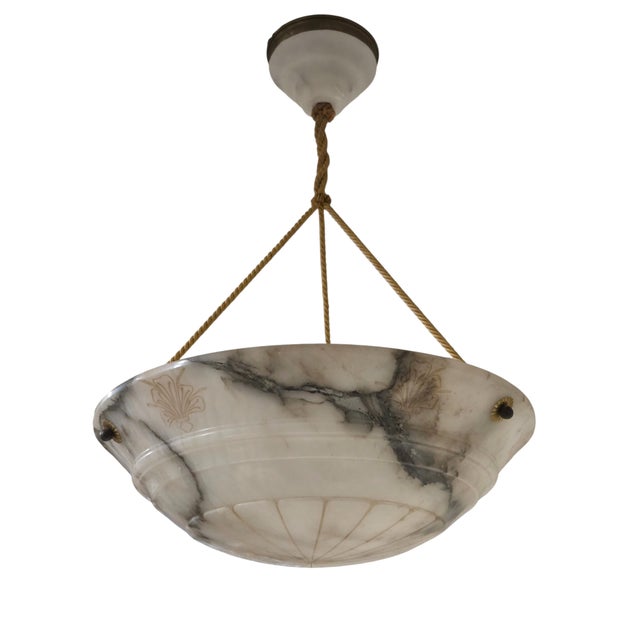 Alabaster Early 20th Century Hand Carved French White+ Grey Alabaster W/Carved Detail, Alabaster Canopy +Cord For Sale - Image 8 of 16