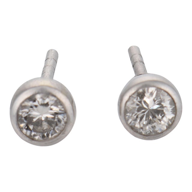 Vintage Diamond Platinum Bezel Stud Earrings, A Pair For Sale