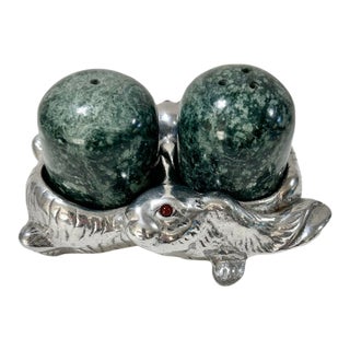 Vintage Rabbit Salt & Pepper Shakers With Green Marble – Arthur Court - 3pcs For Sale