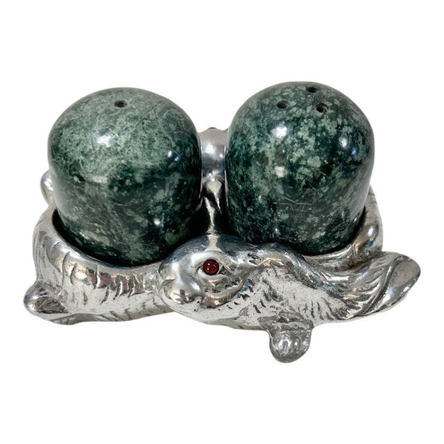 Vintage Rabbit Salt & Pepper Shakers With Green Marble – Arthur Court - 3pcs For Sale