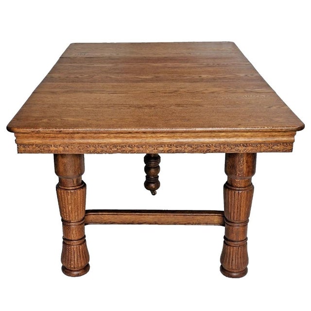 Wood Antique 1900s Solid Oak Expandable Dining Table – Ornate Carved Apron 5-Leg Base For Sale - Image 7 of 12