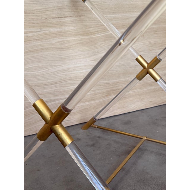 Mid Century Modern Serving or Side Table in Brass and Lucite with X Form For Sale - Image 6 of 18