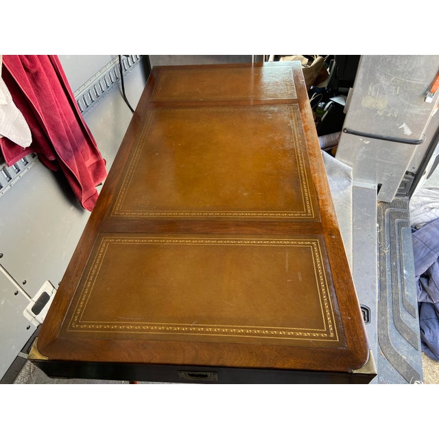 Brown Vintage Campaign Distressed Leather Top Bamboo Executive Desk by Drexel Heritage For Sale - Image 8 of 18
