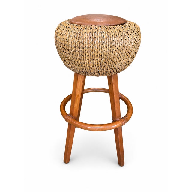 Palecek Palecek Woven Rattan & Wood Bar Stool With Leather Seat, Coastal Boho Counter Stool For Sale - Image 4 of 6