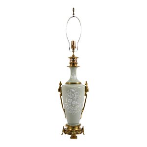 Late 20th Century Mid-Century Neoclassical Celadon Porcelain & Ormolu Table Lamp in the Style of Marbro