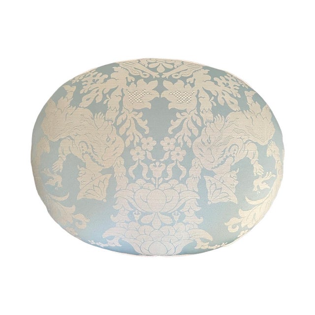 This late 19th-century stool is in sturdy, usable condition. It is upholstered in a light blue patterned fabric and has a...