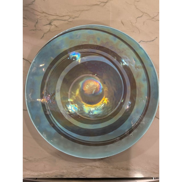 Italian 1980s Large 16" Yalos Casa Murano Glass Centerpiece Bowl Blue Iridescent Swirl Italy For Sale - Image 3 of 6