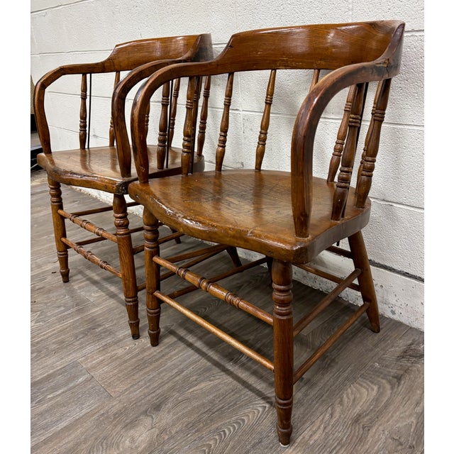 Antique 19th Century Primitive Oak Barrel Back Pub Chairs Captain’s Arm Chairs For Sale In Kansas City - Image 6 of 11
