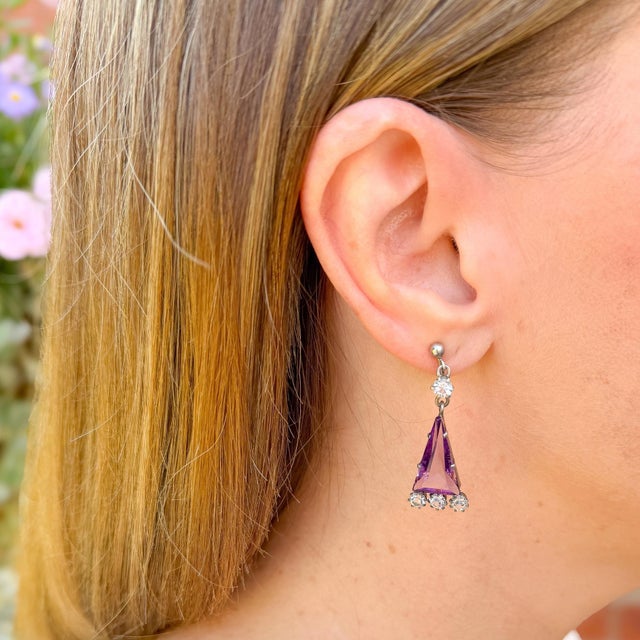 Art Deco Silver, Purple Triangular Glass and Paste Necklace and Earrings, 1920s, Set of 2 For Sale - Image 4 of 17