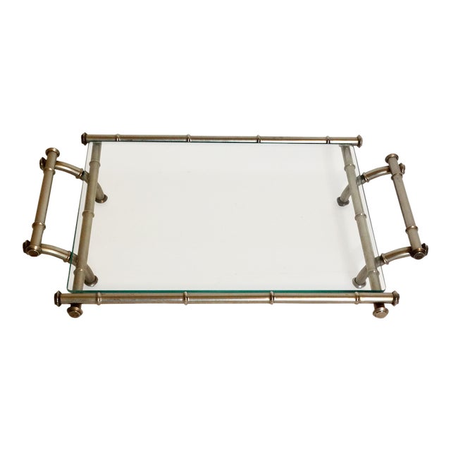 Mid Century Modern Silver & Glass Faux Bamboo Serving Drinks Cocktail Tray For Sale