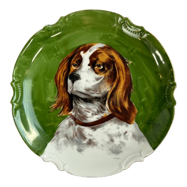 Antique 1910s Coronet Limoges Dog Portrait Plate Signed L Coudert For Sale