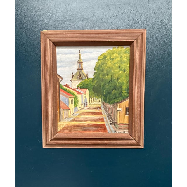 Kerstin Grufman, City Street with Church Tower, 1945, Oil Painting on Panel, Framed For Sale - Image 12 of 12