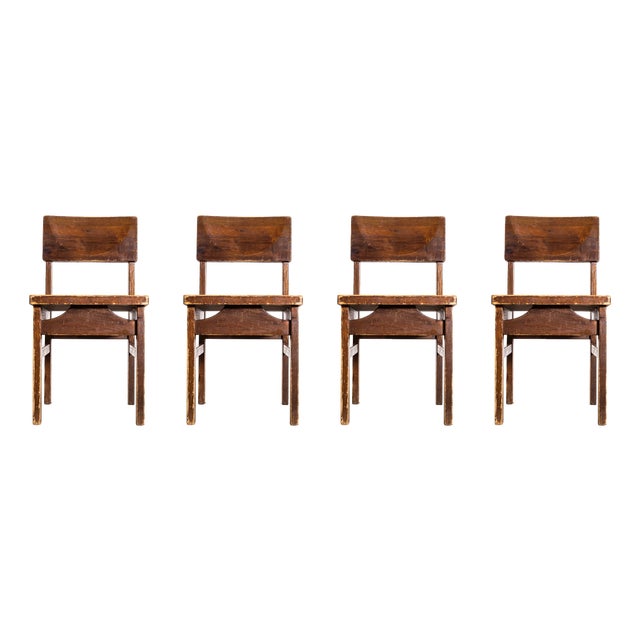 Mid-Century Pitch Pine Cube Dining Chairs, 1950s, Set of 4 For Sale