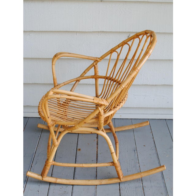 Mid-Century Modern Vintage Small Adult Rattan Bamboo Fan Back Rocking Rocker Chair 1960's For Sale - Image 3 of 6