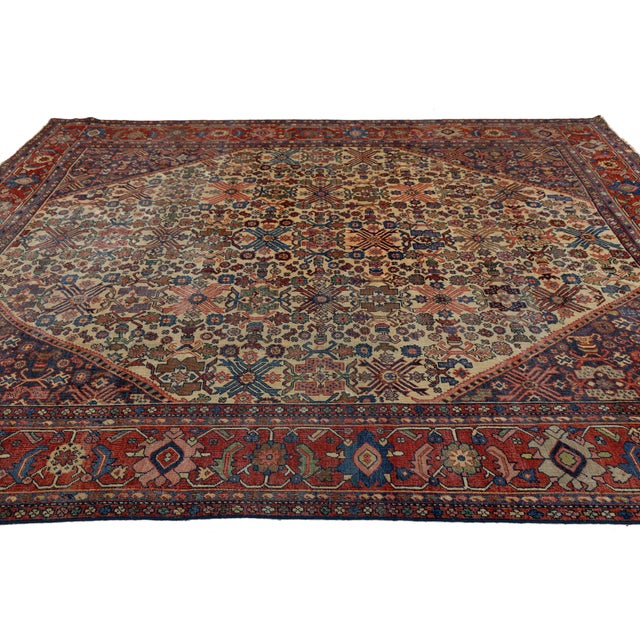 Textile Vintage Bidjar Rug – 100% Wool Hand-Woven Persian Area Rug, Ivory Medallion For Sale - Image 7 of 10
