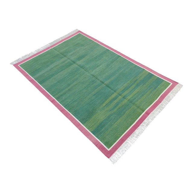 Handmade Cotton Area Rug Vegetable Dyed Green With Raspberry Pink Bordered Dhurrie - 4'x6' For Sale