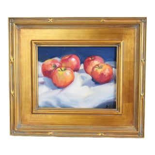 Impressionist Tablescape Apples Still Life Oil Painting Including the Antiqued Gold Wood Frame For Sale