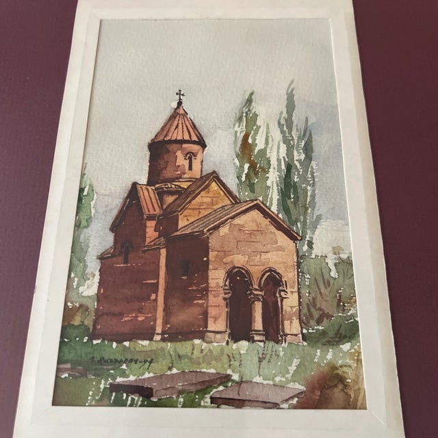 1990s Watercolour on Paper St. Aroutiun Church Made by P.Jangirov in 1994 Framed Signed For Sale - Image 5 of 7