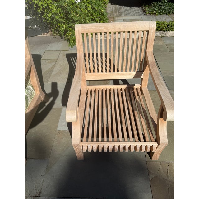 2000 - 2009 4 Teak Club Chairs With Seat and Back Cushions in Quadrille China Seas Bali Hai in Green For Sale - Image 5 of 14