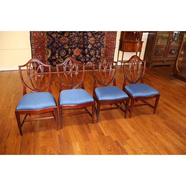 1990s Set of 8 Regency Style Solid Mahogany Fleur-De-Lis Blue Fabric Dining Chairs For Sale - Image 9 of 18