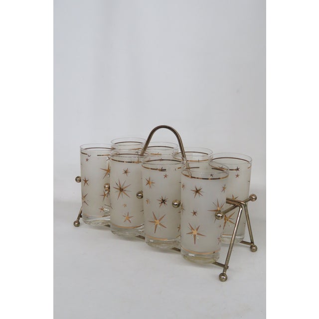 Mid Century Highball 8 Frosted Glass Cups Gold Atomic Starburst W Caddy 4605b For Sale - Image 12 of 18