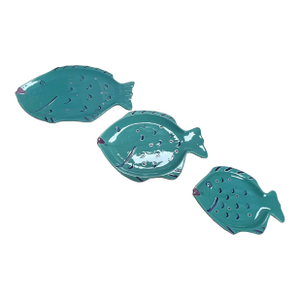 Set of 3 Ceramic Fish Shaped Platters in Turquoise, Purple and Dark Pink