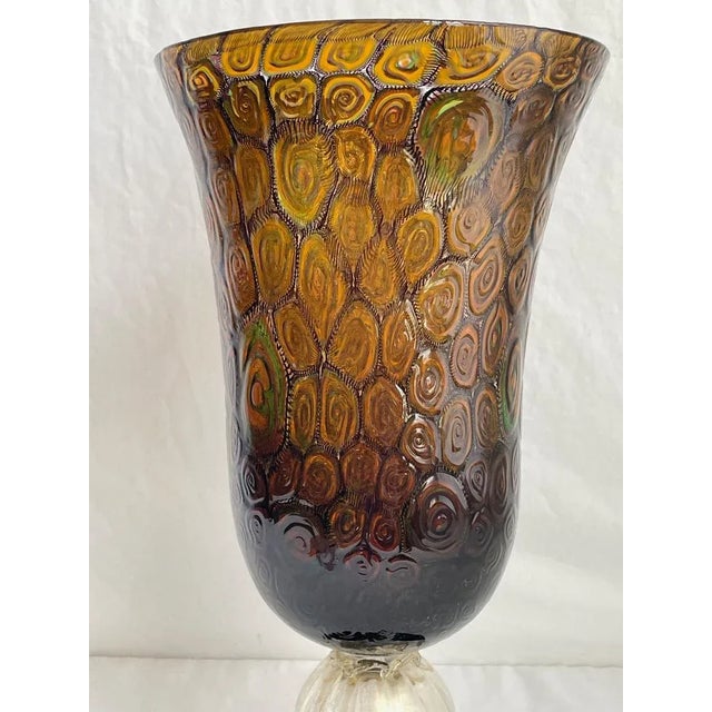 2000 - 2009 Large Collectible, Hand-Blown Amber-Colored Murano Art Glass Vase With Green and Purple Murrine by Master Glassblower Adriano Dalla Valentina For Sale - Image 5 of 18