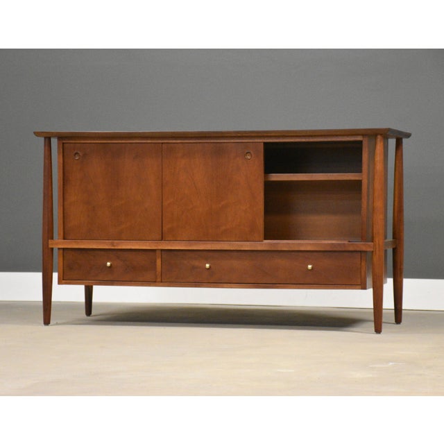 1950s 1950s Refinished Walnut 56” Sideboard Credenza by Mt. Airy Finished Back For Sale - Image 5 of 13