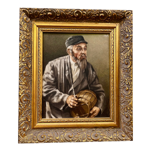 1960s Framed Oil on Canvas "Old Man With Barrel" by Artist Soloman Leski