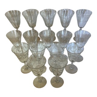 Early 20th Century Etched Art Nouveau Crystal Wine Glasses - Set of 16 For Sale