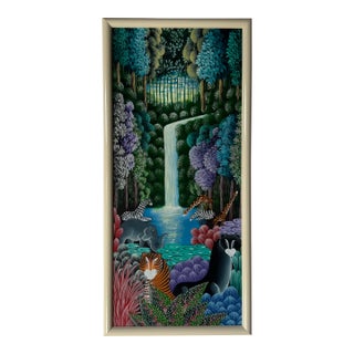 Vintage Haitian Folk Art Wildlife Jungle Scene Oil on Canvas – Framed For Sale