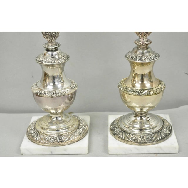 Mid 20th Century Mid 20th Century International Victorian Silver Plate Floral Repousse Candlestick Table Lamp Pair For Sale - Image 5 of 18