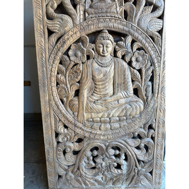1920s Antique Hand-Carved Solid Wood Buddha Wall Panel | Meditation Spiritual Wall Art 72x35 For Sale - Image 5 of 7
