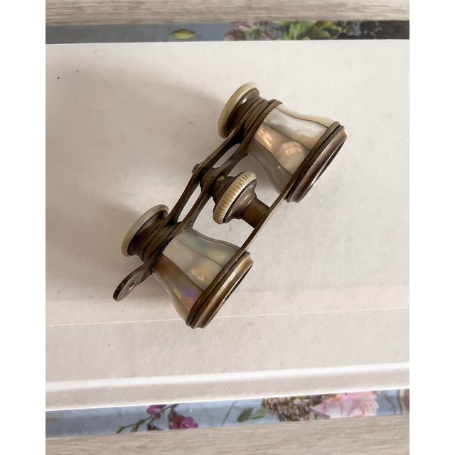 A refined pair of likely antique Jumelle opera glasses featuring luminous mother-of-pearl panels set within a warm brass-...