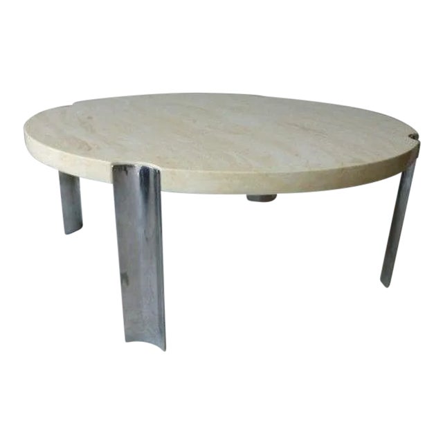 1970's Round Selig Faux Marble Flying Saucer Coffee Table with 4 Thick Chrome Legs For Sale