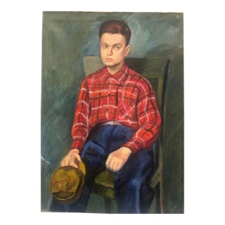 Vintage Oil on Canvas Painting of a Young Man in Chair, Signed Anderson, Circa 1950’s For Sale