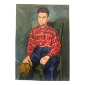 Vintage Oil on Canvas Painting of a Young Man in Chair, Signed Anderson, Circa 1950’s