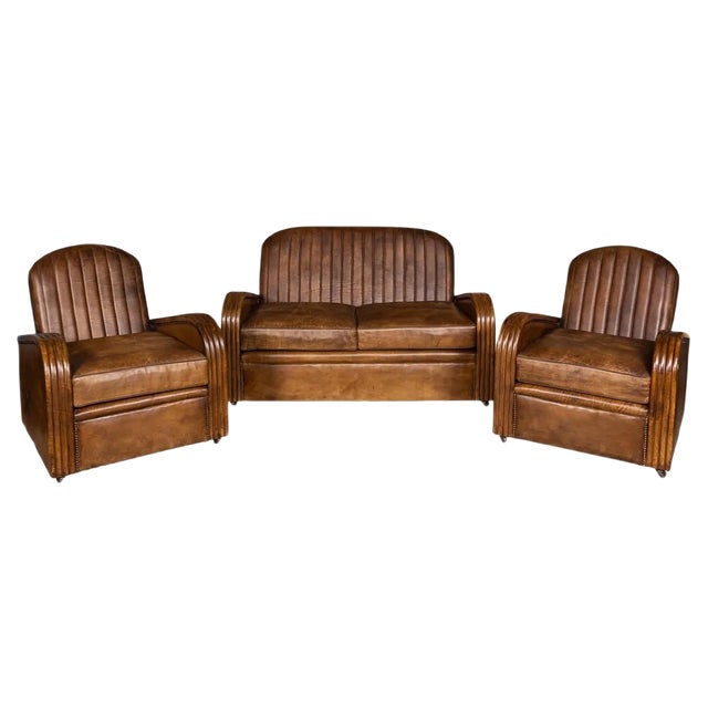 Art Deco Leather Tub Chairs & Sofa, 1920s, Set of 3 For Sale